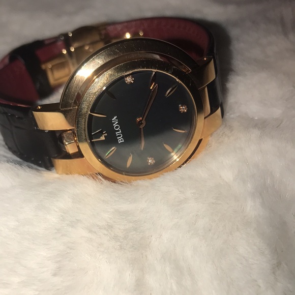 Leather Bulova Rubaiyat Ladies Diamond Rose Gold Tone Stainless Quartz Watch - Picture 5 of 9